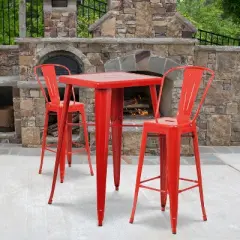 Emma and Oliver Commercial Grade 23.75" Square Metal Indoor-Outdoor Bar Table Set, 2 Back Stools