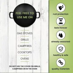 Homeries Pre-Seasoned Cast Iron Wok with 2 Handled and Wooden Lid