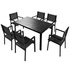 7-Piece Outdoor Patio Steel Dining Set with Rectangular Table and 6 Textile Armchairs