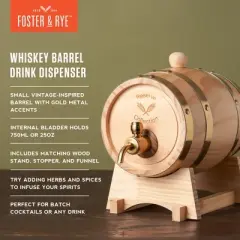 Foster & Rye Wooden Barrel for Whiskey, Whiskey Infusion Bourbon Barrel Moonshine Jug with Spigot, Liquor Dispenser Beverage Barrel-Holds 750mL Setof1