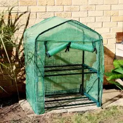 Sunnydaze Outdoor Portable Growing Rack 2-Tier Greenhouse with Roll-Up Door - 2 Shelves - Green