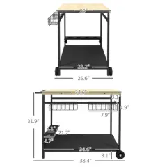 Outsunny Outdoor Bar Cart, Patio Rolling Serving Cart with Wheels, Side Handle, 2 Baskets, 4 Wine Holders for Garden, Dining Room, Natural