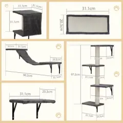 Kumasinova 5PCS Wall-Mounted Cat Tower with Scratching Post,Modern Cat Tree with Cat Condo,Cat Tree Tower with Perches & Bridge for Indoor Cats,Gray