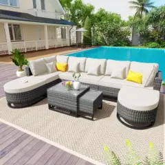 FIONECA 7-Piece Large Outdoor Wicker Sofa Set with 2 Coffee Tables & Pillows, Patio Rattan Sectional Furniture for Garden, Deck, Beige