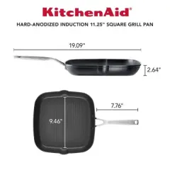 KitchenAid Hard-Anodized Induction 11.25" Nonstick Square Grill Pan: Gas & Induction Compatible, Oven-Safe, Matte Black