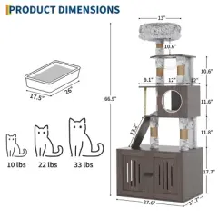 66.9in Cat Tree Tower with Litter Box Enclosure Condo with Perch & Scratching Posts, Plush Nest, Multi-Tier Play & Rest