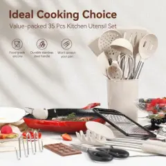 Itopfox Silicone Cooking Utensils Set 35 Pcs Kitchen Utensils with Holder Stainless Steel Handle Spatula, Spoons, Pasta Server, Cheese Grater, Masher