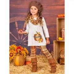 Girls Thankful Pumpkin Tunic, Plaid Leggings & Scarf Set - Mia Belle Girls