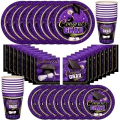 Treasures Gifted Purple Graduation Party Tableware Classic Set for 16 Guests