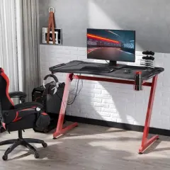 HOMCOM 48 Inch Gaming Desk with Large Tabletop, Racing Computer Desk with Cup Holder and Headphone Hook, Black / Red