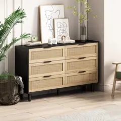 KTMBDW 6 Drawer Rattan Dresser for Bedroom Wood Boho Dressers with Natural Real Rattan Drawer, Modern Chest of Drawers Beside Table for Living Room
