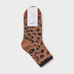 Women's Leopard Print Ruffle Trim Ultra Soft 2pk Ankle Socks - Auden&trade; Brown/Black/Olive Green 4-10