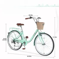 INFURNIC Bicycles, 26 Inch Ladies Bicycle with Basket, Commute Bicycle for Women Ladies, Green, 66.93"*24.8"*41.34"