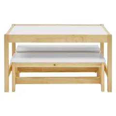 MUSEHOMEINC Solid Wood 3 In 1 Kids Toddlers Activity Play Arts and Crafts Table and Bench Chair Set with Whiteboard Surface for Playroom and School