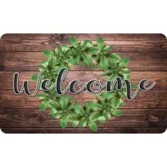 Ashley Productions&reg; The Original Fun Mat&trade;, Welcome Mat, 18" x 30", Green Wreath on Wood Welcome