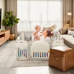 Infans Baby Playpen, 14-Panel Foldable Kids Safety Activity Center Playard w/Locking Gate, Non-Slip Rubber Bases, Adjustable Shape, Portable Design