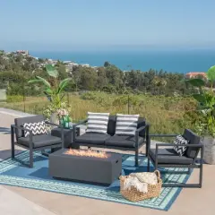 Christopher Knight Home Camiguin Outdoor Aluminum 4 Seater Chat Set with Fire Pit