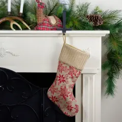 Northlight 20" Tan and Red Rustic Burlap Poinsettia Christmas Stocking