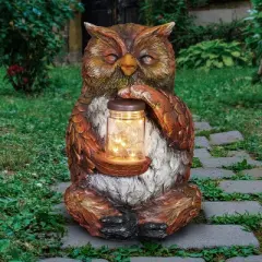 9.84" Glass and Resin Solar Garden Owl with LED Firefly Jar - Exhart