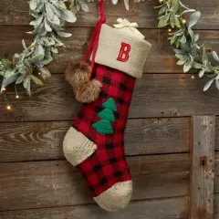 Personalization Mall Plaid Embroidered Initial Jumbo Knit Christmas Stocking