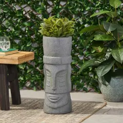 Christopher Knight Home 10" Wide Poulan Concrete Outdoor Novelty Polynesian Planter Stone Gray
