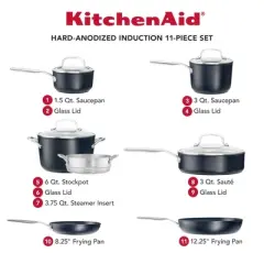 KitchenAid Hard-Anodized Induction 11pc Nonstick Cookware Set: Matte Black, Dishwasher & Oven Safe, Tempered Glass Lids