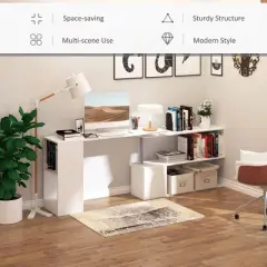 55 Inch Large Computer Desk, Right-Angle Corner Gaming Desk With 3 Tier Storage Shelves, Bookshelf, 360&deg; Rotation Space Saving Office Workstation