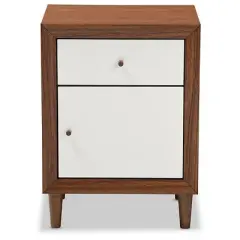 Harlow Mid-Century Modern Scandinavian Style Wood 1-Drawer And 1-Door Nightstand - White And Walnut - Baxton Studio