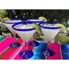 Dos Sue&ntilde;os Mexican Hand Blown  Modern Margarita Glasses - Blue Rim - 12oz - Set of 4
