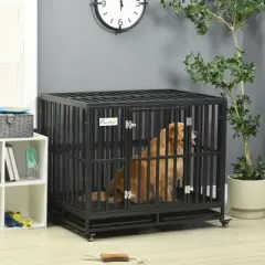 PawHut Heavy Duty Dog Cage Metal Kennel and Crate Dog Playpen with Lockable Wheels, Slide-out Tray and Anti-Pinching Floor