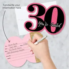 Big Dot of Happiness Chic 30th Birthday - Pink, Black and Gold - Shaped Fill-in Invites - Birthday Party Invitation Cards with Envelopes - Set of 12