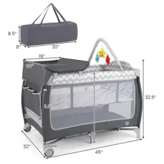 Infans 3 in 1 Baby Playard Portable Infant Nursery Center w/ Zippered Door Grey