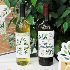 Big Dot of Happiness First Communion Elegant Cross - Religious Party Decorations for Women and Men - Wine Bottle Label Stickers - Set of 4