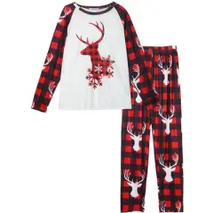 cheibear Christmas Deer Long Sleeve Tee and Plaid Pants Loungewear Family Pajama Sets