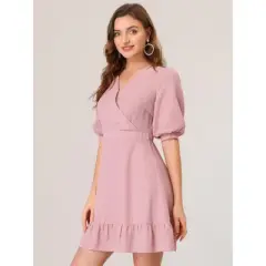 INSPIRE CHIC Women's V-neck Puff Short Sleeve Ruffled Hem Mini Dresses