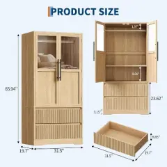 Wooden Armoire Wardrobe Closet with Shelves & Hanging Rod, Wardrobe Armoire Cabinet with Glass Doors and 2 Drawers, for Bedroom, Living Room