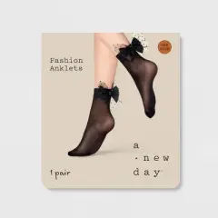 Women's Sheer Anklet Socks with Mesh Polka Dot Bow - A New Day&trade; Black 4-10: Fashion Knit Lightweight