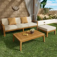 FIONECA 3-Piece L-Shaped Acacia Wood Patio Sectional Sofa Set with Cushions, Outdoor Conversation Set for Garden, Deck, or Balcony