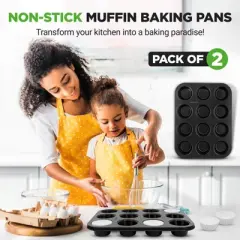 NutriChef Non-Stick 2-Piece 12 Cup Muffin Pans with 100 Parchment Liners - Carbon Steel