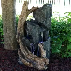 Sunnydaze 35"H Electric Polyresin Cascading Mountainside Outdoor Water Fountain with LED Lights