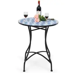 Tangkula 28.5" Patio Mosaic Round Bistro Metal Table with Heavy-Duty Steel Frame&Ceramic Tile Tabletop for Outdoor Garden Deck Backyard