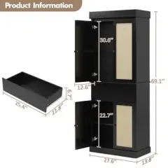 Kitchen Pantry Cabinet, Tall Storage Cabinet with Rattan Doors and Adjustable Shelves, Freestanding Cupboard with Drawer