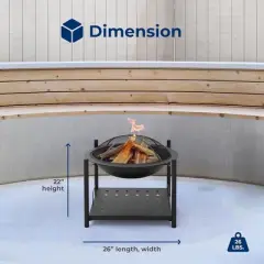 SereneLife Outdoor Wood Fire Pit - Steel BBQ Grill Fire Pit Bowl with Mesh Spark Screen, Log Grate, and Wood Fire Poker - SLNFWD74