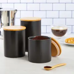 Farmlyn Creek Set of 3 Matte Black Ceramic Canisters with Wooden Bamboo Lids, Kitchen Counter Containers, Food Storage Jars, 3 Sizes
