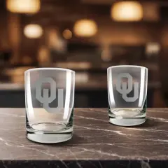 NCAA Oklahoma Sooners Laser Etched Rocks Glass Set - 2pc: Oklahoma Glassware Gift Set