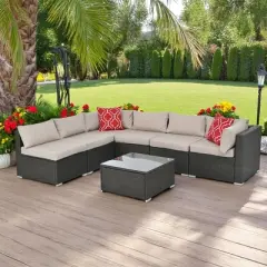 7-Piece Patio Furniture Set with PE Wicker, Tempered Glass Table, Cushions, and Pillows for Outdoor Spaces