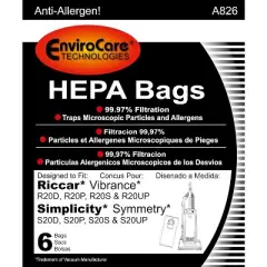 Riccar Vibrance and Simplicity Symmetry Uprights Replacement HEPA Vacuum Cleaner Bag 6 Bags
