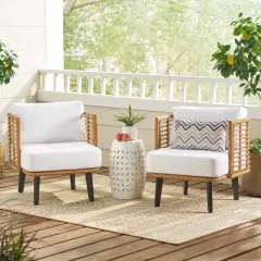 Nic 2pk Outdoor Wicker Club Chairs with Cushions - Light Brown/White - Christopher Knight Home