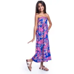 24seven Comfort Apparel Girls Blue Paisley Print Strapless Tube Maxi Dress