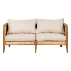 Christopher Knight Home Maciej 56" Patio Rustic Acacia Wood Upholstered Sofa with Rattan-Wrapped Frame